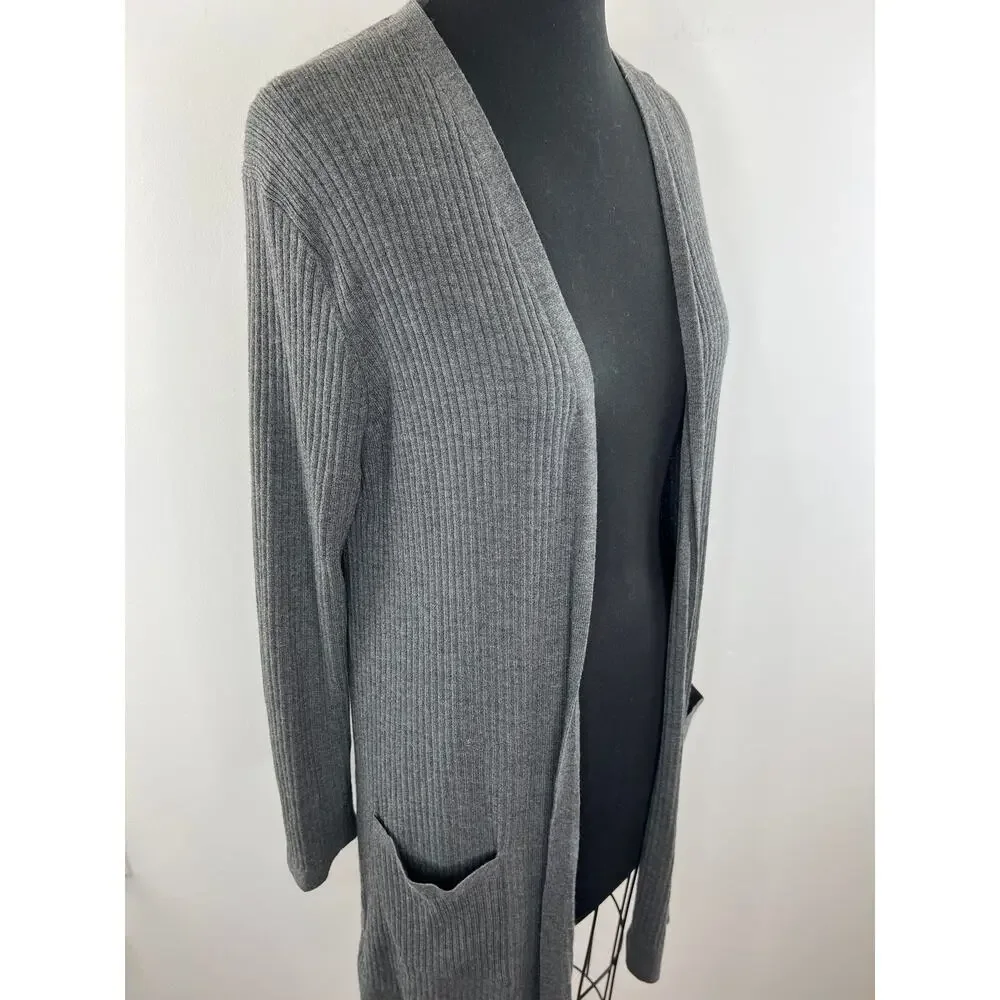 Eileen Fisher Gray Long Sleeve Ribbed Knit Open Front Womens Wool Cardigan Sz M